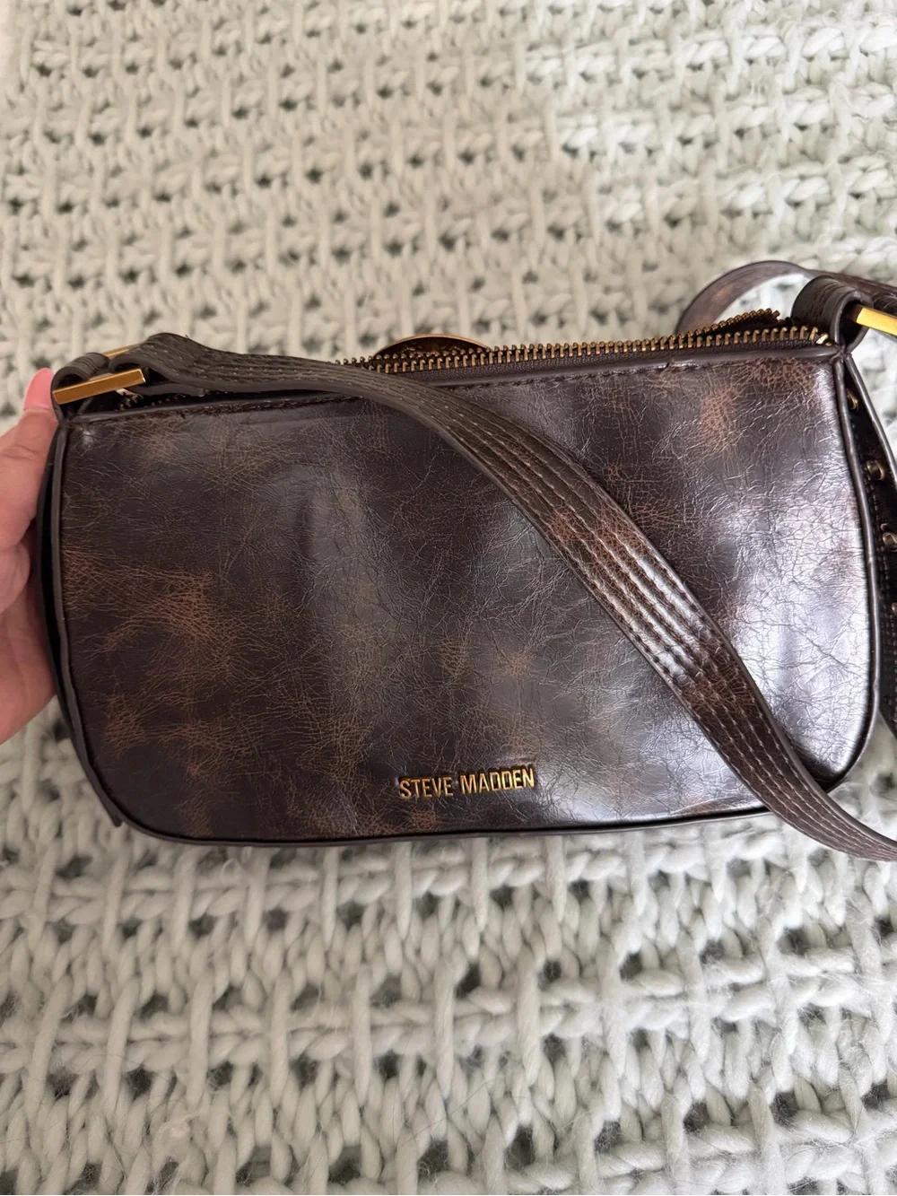 Steve Madden Dark Brown Leather Crossbody with Decorative Gold Buckle